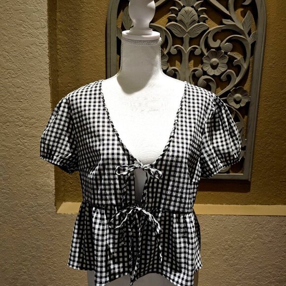 Discreet XL Gingham Tie-Front Peplum Top Puff Sleeves  Boho Y2K Baby Doll Flowy - Picture 1 of 5